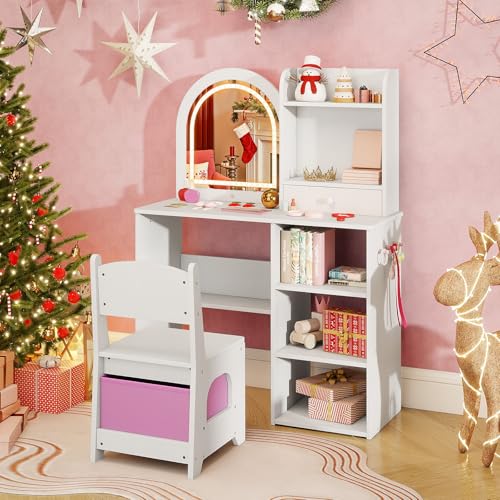 Costzon Kids Vanity with Lights, Girls Vanity Set with Mirror, Storage Drawer, Hooks & Shelves, Toddler Makeup Vanity Desk Dressing Table, Wooden Kids Vanity Table and Chair Set (White) - style: White with Open Shelves