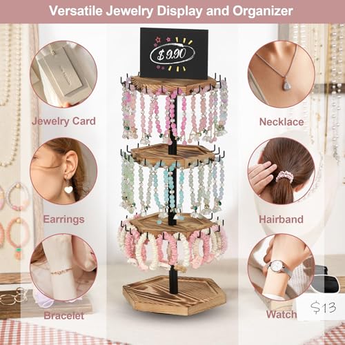 Rotating Bracelet Holder,4 Tier Bracelet Display Stand,Hexagon Bracelet Organizer,Wood Bangle Organizer,Jewelry Display for Vendors for Store,Show, Home Use