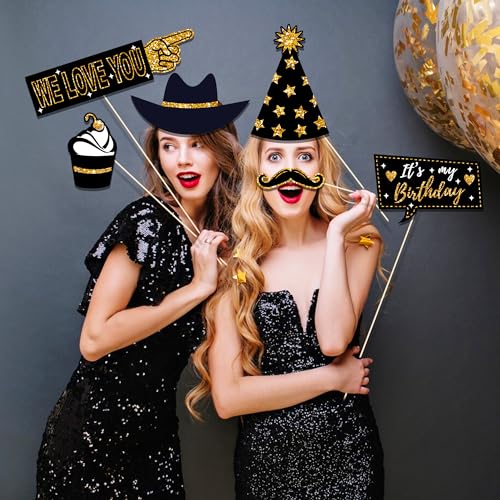 36 PCS Birthday Photo Booth Props Party Supplies Holiday Picture Decorations Photo Booth Props for Birthday Party Favors Pose Sign Kit Fun for Party (Black and Gold) - color: Black and Gold
