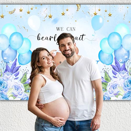 We Can Bearly Wait Backdrop 10 x 8 ft Blue Boho Baby Shower Background Boy Gender Reveal Decorations for Newborn Baby Baptism Birthday Party Banner Photography Props Supplies - color: Boy, size: 118”x94”