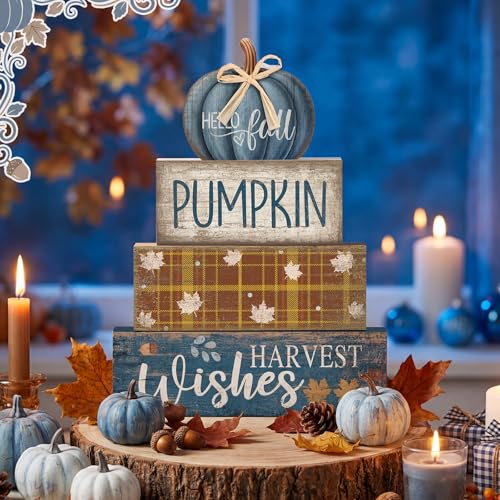 Lineshading 4 Pcs Fall Decoration for Home Wooden Blue Pumpkin Decor Thanksgiving Tiered Tray Decor Fall Centerpiece Rustic Decorative Block Signs Gift Farmhouse Autumn Table Decors for Home Kitchen - style: Blue Pumpkin