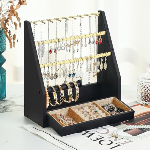 DGWJSU Jewelry Organizer Stand, 5 Layer Earring Holder Organizer with Necklace Holder, Rustic Wood Earring Organizer Display for Stud Earring Bracelet Necklace Ring, Watches (Black Gold) - color: Black Gold