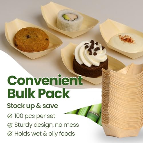 Dtocs Disposable Wooden Boat Plates 100 Pc – 80 mm Biodegradable Wood Serving Boats | Eco-Friendly Food Boats for Sushi, Desserts, Dips, Sauces | Alternate to Plastic, Bamboo, Paper Plates - size: 80mm-100 Pcs