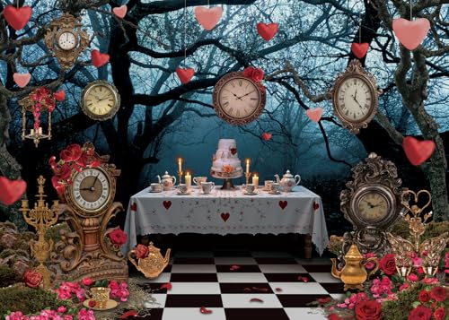 Wonderland Enchanted Forest Backdrop Rose Floral Pocket Watch Cake Table Checkerboard Tea Party Photography Background Kids Adult Birthday Baby Shower Halloween Party Decor Banner Photo Props (8x6FT)