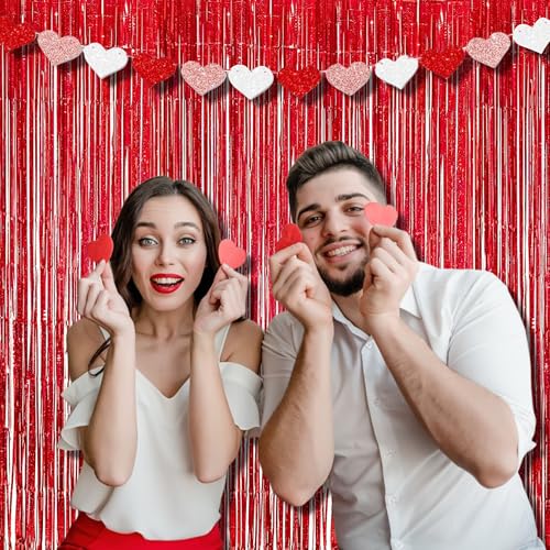 BRAVESHINE Red Tinsel Foil Fringe Curtains - 2Pcs 3.2x8.2ft Holidays Photo Booth Party Backdrop for Valentines/Bachelorette/Anniversary/Engagement/Christmas/Girl/Birthday/Bridal/New Years Decorations - color: Red