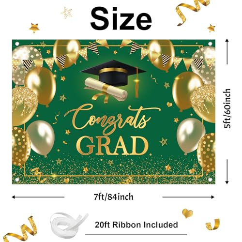 Avezano 7 x 5 ft Graduation Banner Congrats Grad Class of 2026 Backdrop Green Gold Congratulation Graduates Backdrop for 2026 Graduation Party Decorations High School College Prom - color: Green Gold, size: 7x5 ft