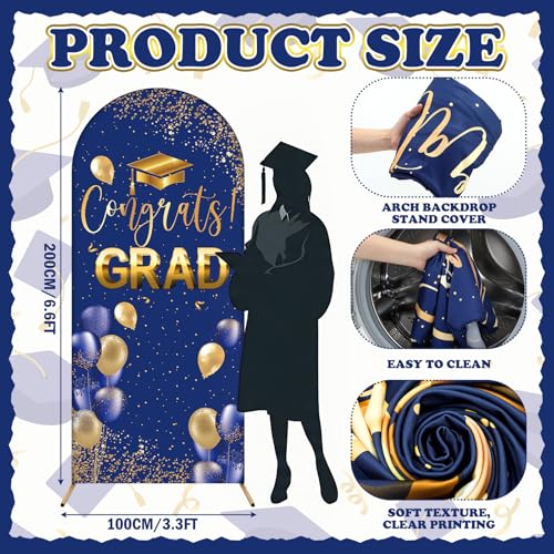 Tingjoo Blue Gold 2026 Graduation Decoration Class of 2026 6.6 ft Arch Backdrop Cover Spandex Photo Background Decor Double-Sided Round Top Backdrop Congrats Grad Decor for Graduation - color: Blue Gold