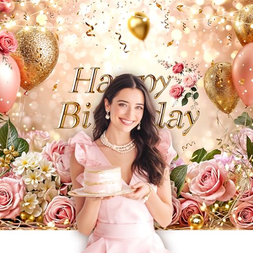 Riyidecor Pink Gold Happy Birthday Backdrop Balloon Rose Floral Golden Ribbon Botanical 7Wx5H Feet Polyester Fabric for Men Women Photography Background Bday Table Decor Banner Studio Photo Shoot - color: D 01 Pink, size: 7Wx5H