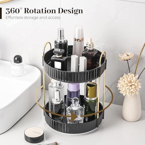 Aveniee 360 Rotating Makeup Organizer for Vanity, Skincare Perfume Organizers, 2 Tiered Bathroom Countertop Storage, Black Cosmetics Lipstick Skin Care Holder for Dresser - color: Midnight Black, size: Standard-2 Tier