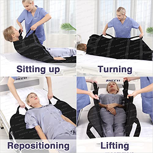 Bed Positioning Pad with Reinforced Handles 48" x 40" Lifting Turning Patient Sheet Transfer Blanket for Caregiver, Bedridden, Elderly, Black - color: 2-black
