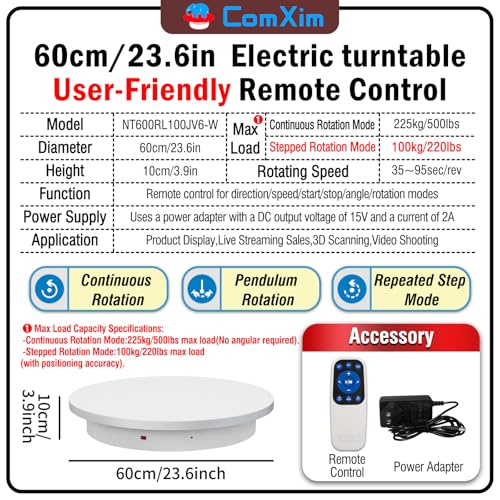 23.6In Remote Large Motorized electric turntable Rotating platform Photography Turntable Motorized lazy susan Base giratoria para for Photography,3D Scanner,Heavy duty display(Load Range:220~500lbs) - size: 23.6inch/White/500Lbs Load