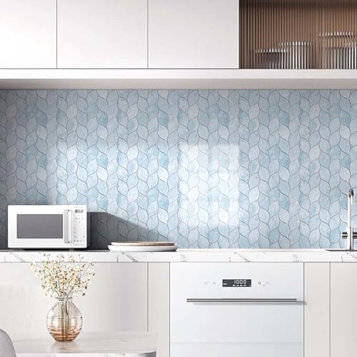 Tilingview 10-Sheet Peel and Stick Backsplash Tile for Kitchen, Self-Adhesive Mosaic Glossy Leaf Stick on Wall Tile with Gaps (Pastel Blue) - color: Leaf Gaps Pastel Blue