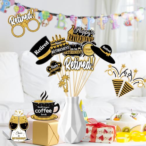 Kuxriox 30Pcs Happy Retirement Party Decorations for Men Women, Black Gold Retirement Photo Booth Props, Cheers to Retirement Party Supplies, We Will Miss You Retirement Party Sign