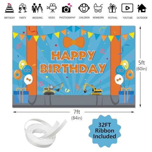 Cartoon Orange Blue Theme Happy Birthday Photography Backdrop, 7x5ft Background Photo Booth Banner Props for Kids Girls Boys Birthday Baby Shower Holiday Party Decorations Supplies - size: 7x5ft / 84" Lx60" W