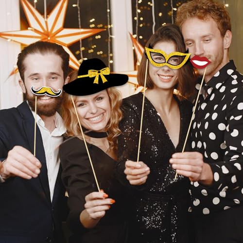 Turypaty Birthday Party Decorations for Boys & Girls - Black & Gold Photo Booth Props & Selfie Frame Set