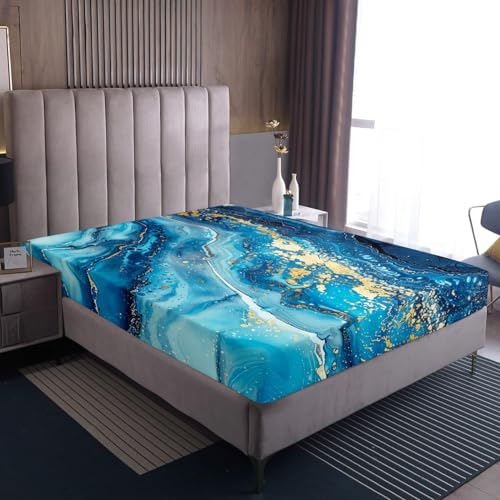 Erosebridal Blue Marble Fitted Sheet, Stone Pattern Fluid Bedding Set Queen for Kids Boys Teens Adult,Gold Glitter Abstract Marbling Bed Sheets Metallic Marble Texture Sheets,2 Pillow Cases - color: Aqua Blue Gold, size: Queen
