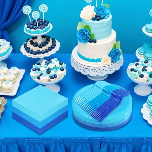 Serves 35 Guests Dusty Blue Plates and Napkins Party Supplies,7" Gradient Blue Birthday Dessert Paper Plates and Napkins,Disposable Party Dinnerware for Wedding,Graduation - color: Gradient Blue
