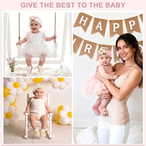 CÉLLOT Baby Girl Headband and Socks, Non-Slip Floral Socks and Soft Floral Nylon Hairbands for Babies Infants and Toddlers - color: Pink+Beige(Socks)