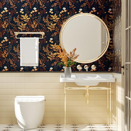 Dark Blue Floral Wallpaper Peel and Stick Wallpaper Leaf Wallpapers Gold Leaf Contact Paper for Cabinets Waterproof Self Adhesive Wall Paper for Kitchen Countertop Wall 17.5" x 393" - color: Dark Blue, size: 17.5" x 393"
