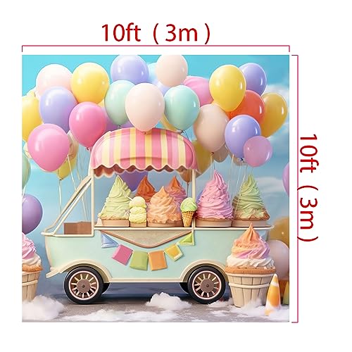 Kate 10x10ftSummer Ice Cream Car Backdrop for Photography Colorful Balloons Cake Smash Blue Sky Birthday Party Background for Kids Photo Props - size: 10x10ft