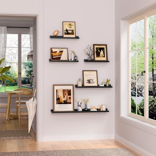 Heimlove 16 Inch Picture Ledge Shelf with Lip Set of 8,Black Floating Shelves for Wall,Wall Shelves in Varying Depths for Living Room Bedroom Bookshelf Photo Frames Nursery Book Shelves for Storage - color: Black, size: 16 inches set of 8