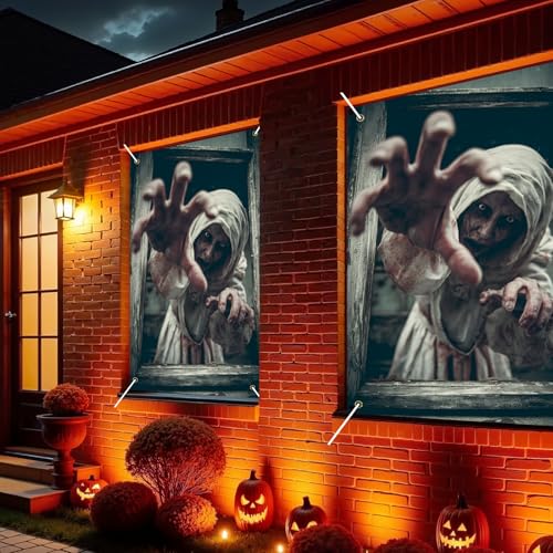 Nuxovilar Halloween Window Decorations, Hooded Horror Clawing Through Halloween Window Cover for Indoor, Party, Haunted House, 31.5x47.3 Inches - color: CU00908