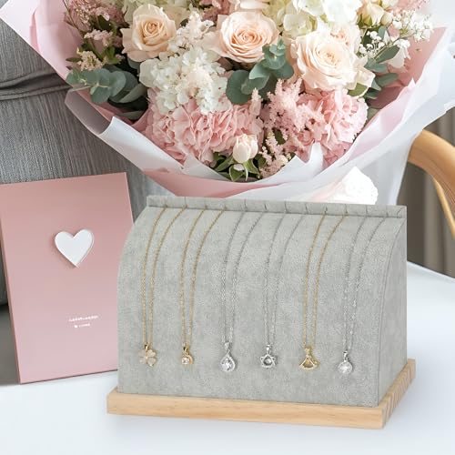 KUKUVR Velvet Cambered Necklace Display Stand for Women, Wood Base Jewelry Holder Rack for Necklace Pendant Bracelet Chains, Necklaces Storage Organizer Showcase for Selling Vendors exhibition (Grey) - color: Grey