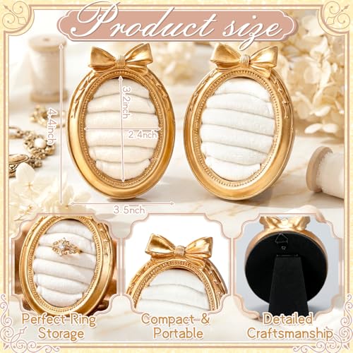 Liliaafar Vintage Ring Holder Classic bow Gold Ring Wedding Display Suede Jewelry Box Stand Frame Earring Tray Anniversary Engagement Baroque Organizer Photograph Prop for Women Birthday Gifts - color: Gold, style: Classic bow