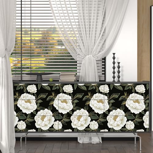 Laatse Dark Green Floral Wallpaper Peel and Stick Leaf Contact Paper 17.5" x 118" Vinyl Waterproof Self Adhesive Vintage White Flower Wall Mural for Room Walls Cabinet Drawer Table Decor - color: Green/White/Gold, size: 17.5" x 118"
