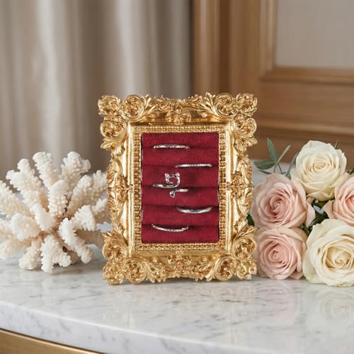 Vintage Gold Ring Holder Square Ring Display Stand Baroque Rings Jewelry Display Box Suede Lined Earring Tray Organizer Holder Women Engagement Wedding Decor Photography Prop Christmas Birthday Gift
