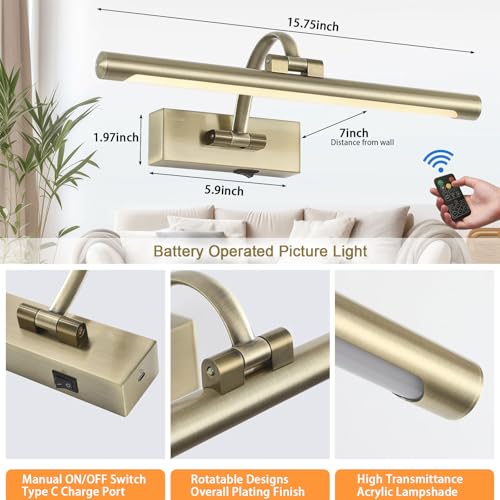 Tassuowell LED Picture Lights for Wall Rechargeable, Battery Operated Art Light for Paintings Wireless,15.7inch Antique Bronze Gallery Light for Artwork - color: Antique Bronze, size: 15.7inch