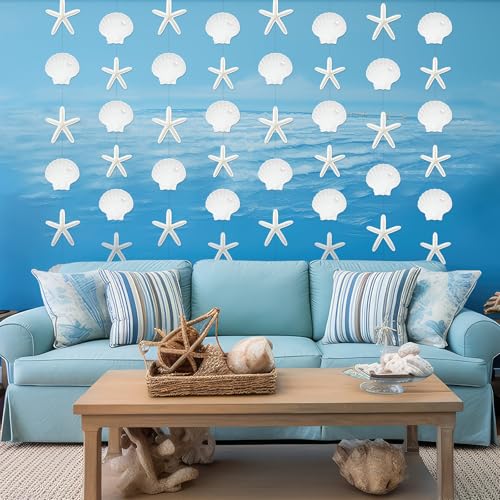 Xinnun Coastal Party Decorations White Finger Starfish and Seashell Garland Ocean Nautical Theme Cutouts Ribbon Streamers for Under The Sea Beach Mermaid Birthday Beach Wedding Decor - style: Shell