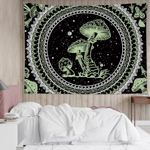 SCECALA Green Mushroom Tapestry Boho Mandala Pattern with Green Mushroom Wall Tapestry Black and White Star Wall Hanging for Bedroom Living Room Teen Dorm Party Home Decor 60x40 Inch - color: Green, size: 40"L x 60"W