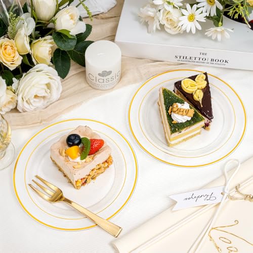 bUCLA 100 Pieces Clear Gold Plastic Plates Disposable - 6.25 Inch Clear Plastic Dessert Plates with Gold Trim for Party, Wedding & Thanksgiving - color: 6.25Inch-100pcs-Clear Gold