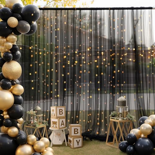 30x8ft Black Tulle Backdrop Curtain with Lights String for Parites, Sheer Backdrop Curtains for Wedding Baby Shower Birthday Party Photo Shoot Decorations - color: Black, size: 30ft x 8ft(6 Panels 5*8ft)