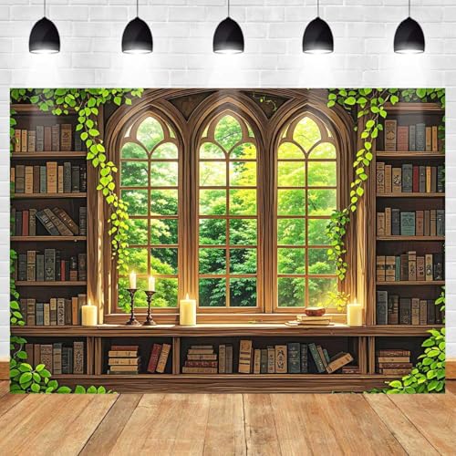 Vintage Wooden Bookshelf Backdrop for Photography Retro Library Window Green Forest Candle Photography Background Medieval Art Book Decorations Photo Props 7x5ft - size: 7x5ft