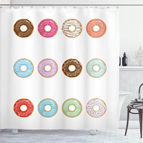 Ambesonne Donut Shower Curtain, Chocolate Swirling and Striped Cream Topping Doughnuts Drawing, Cloth Fabric Bathroom Decor Set with Hooks, 69" W x 70" L, Umber Hot Pink and Pale Blue - color: Umber Hot Pink and Pale Blue, size: 69" W x 70" L