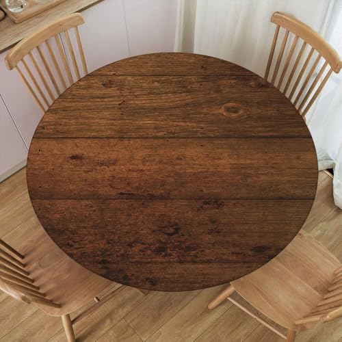 Round Fitted Tablecloth, Elastic Edge Polyester Cover, Brown Old Wood Texture Background Rustic, for Indoor Kitchen, Outdoor Picnic Tables, Fit for Diameter 24.2"-28.1" Round Table - color: Wood Texture -4, size: 28.1" (Round)