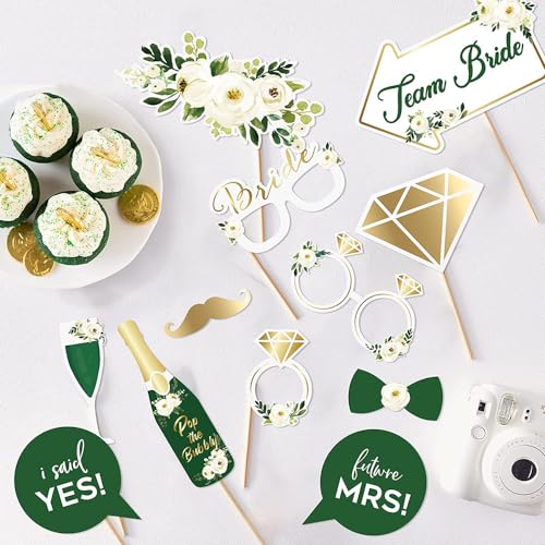 Sage Green Bridal Shower Photo Booth Props, 12 Pack Gold Foil Floral Wedding Selfie Props, Easy Assemble Kit for Wedding, Engagement, Bachelorette, Hen Party Decorations - color: Green
