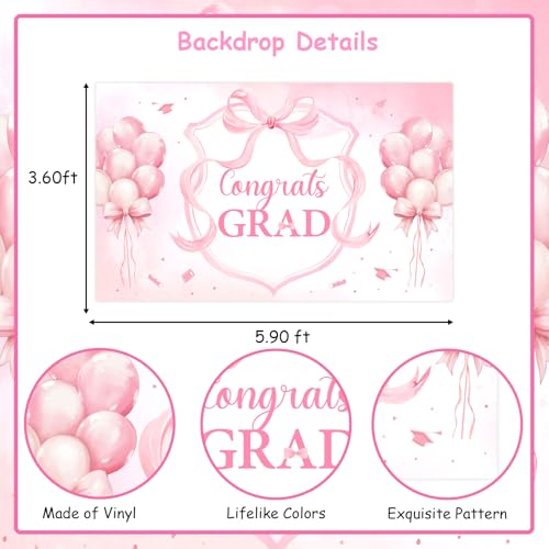 Congrats Grad Decorations Backdrop Banner Pink 5.9×3.6 ft, Bow Graduation Decorations Backdrop Background Photo Booth Prop Vinyl for Girl Class of 2026 Congrats Grad Congratulations Party - size: 5.9*3.6ft