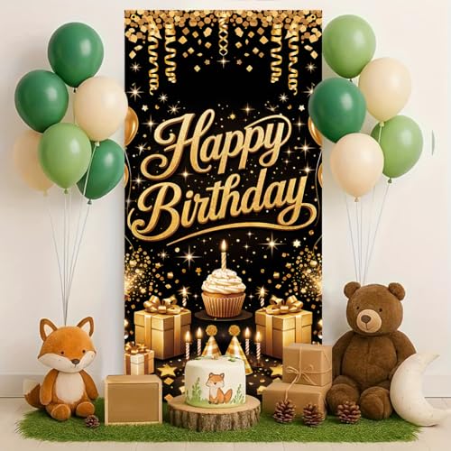Happy Birthday Door Banner Backdrop (30 x 75 inches) - Colorful Party Porch Decoration, Birthday Celebration and Party Decoration, Cake Gold Elements - color: multicolored#mf2602021