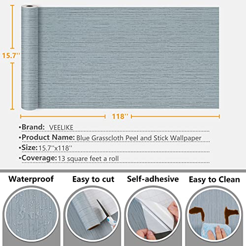VEELIKE 15.7''x118'' Soft Blue Grasscloth Peel and Stick Wallpaper Textured Faux Grasscloth Wallpaper Removable Self Adhesive Linen Vinyl Blue Contact Paper for Cabinets Shelves Bedroom Bathroom Wall - color: Soft Blue, size: 15.7" x 118"