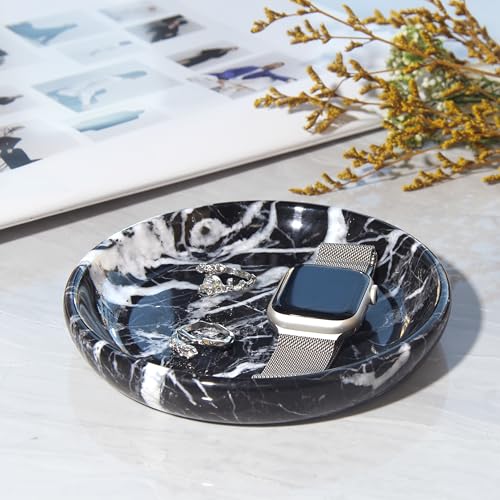 Small Natural Marble Jewelry Tray Key Plate Holder Dish Trinket Decor Catch All Bowl for Ring Earring Stone Gift for Women Daugther,Black,5.5" - color: Black
