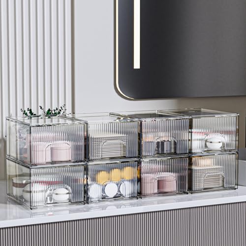 ZHIAI 8 Pack Clear Stackable Storage Drawer, Acrylic Drawer, Cosmetic Organizer, Plastic Organizer for Dresser, Under, Kitchen Cabinet, Pantry, Home Organization and Storage - color: 8 Short