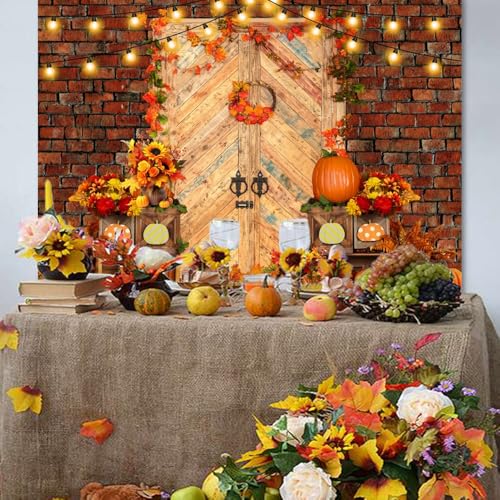 Fall Photo Backdrop Rustic Wooden Door Brick Wall Maple Leaves Autumn Photograph Backdrops Baby Birthday Party Thanksgiving Decorations Photo Studio Props 7 * 5ft - color: Yellow, size: 7x5ft