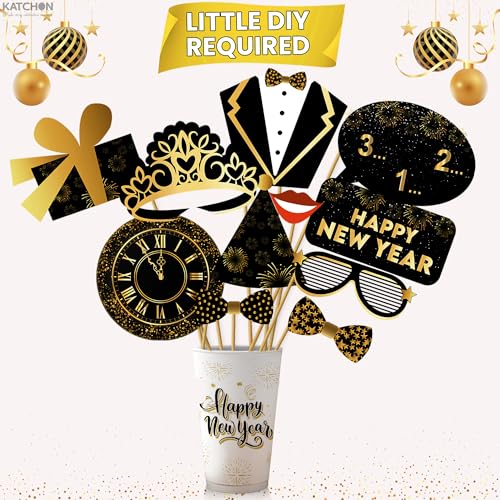 KatchOn, New Years Photo Booth Props 2026 - Pack of 27 | Black and Gold New Years Eve Photo Booth Props for Happy New Years Decorations 2026 | New Year Party Favors | New Years Eve Party Supplies - color: Black and Gold