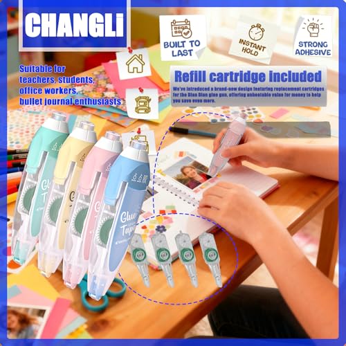 CHANGLi 8pack Refillable Glue Tape for Scrapbook, 16FT*1/5 Inch Double Sided Tape for Crafts, Scrapbooking Supplies, Replacement Glue Tapes, Reusable Glue Tape for Gift Wrapping, Photo - color: Multicolor