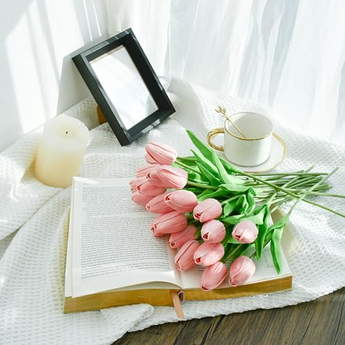 Mandy's Dusty Pink Artificial Tulips Flowers Centerpiece, 13.5" Lifelike PU Fake Floral Stems 20pcs for Kitchen Island & Dining Table, Spring Decor for Easter - color: Dusty Pink
