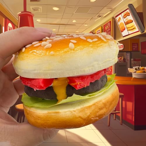 Artificial Hamburger & 12 Artificial French Fries Realistic Food Display Hamburger Model Photography Prop for Home Kitchen Shop Decorations