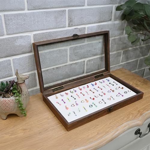 MOOCA Temper Glass Top Jewelry Display Case with Tempered Glass Lid and 54 Clip Body Jewelry Display Pad for Belly Button Rings, Tongue Rings, and Industrial Barbell Organizer, Brown Tray-White Pad - color: White Pad with Brown Wood Case